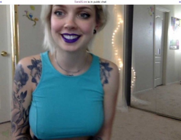 saraxlive blonde tattoo purple lipstick