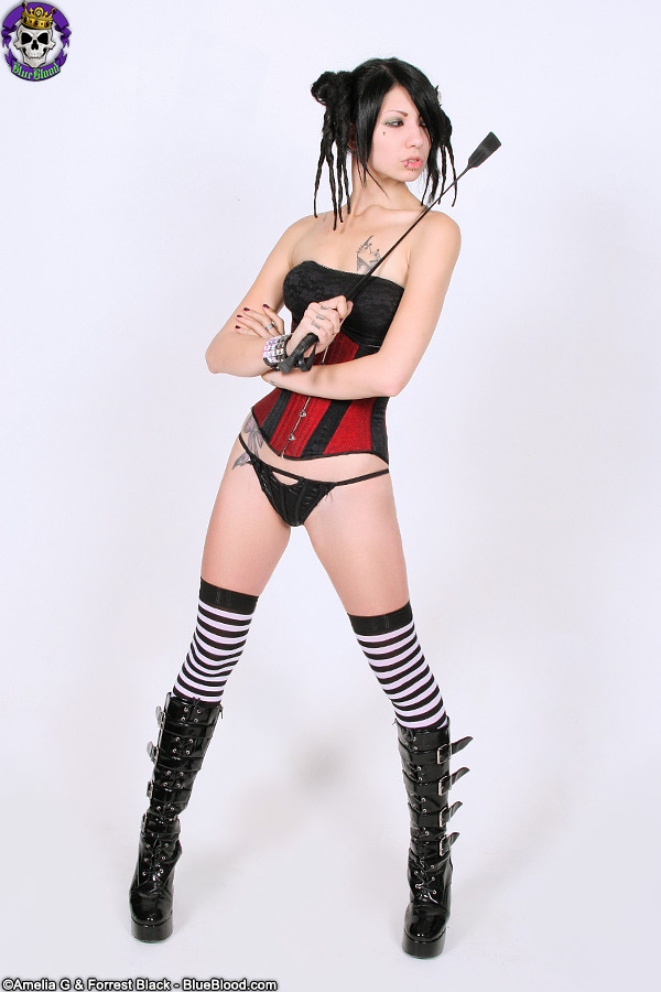 mistress melissa seamonster corset goth striped stockings
